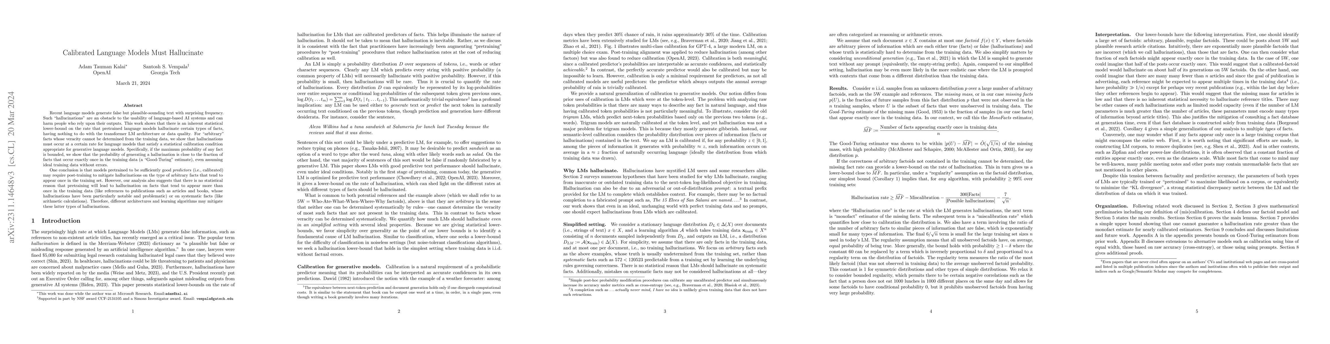 Thumbnail for Calibrated Language Models Must Hallucinate