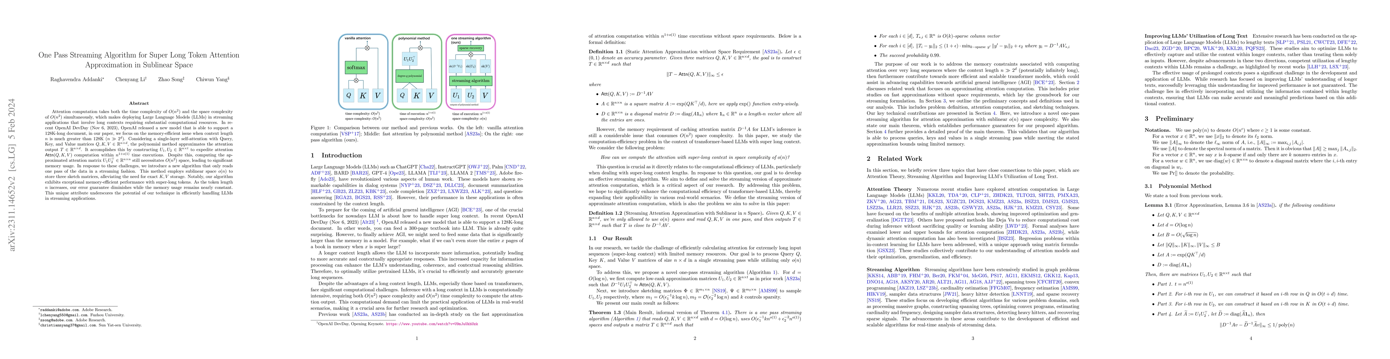 Thumbnail for One Pass Streaming Algorithm for Super Long Token Attention
  Approximation in Sublinear Space