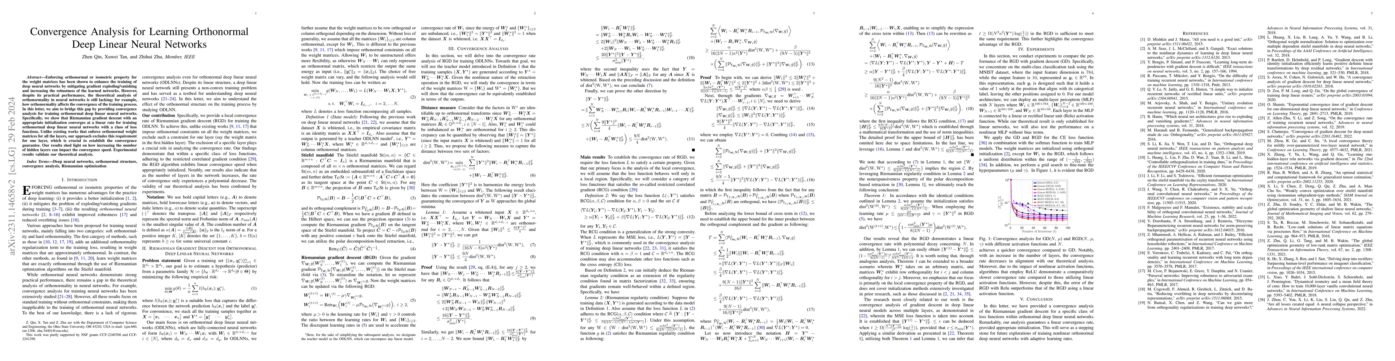 Thumbnail for Convergence Analysis for Learning Orthonormal Deep Linear Neural
  Networks