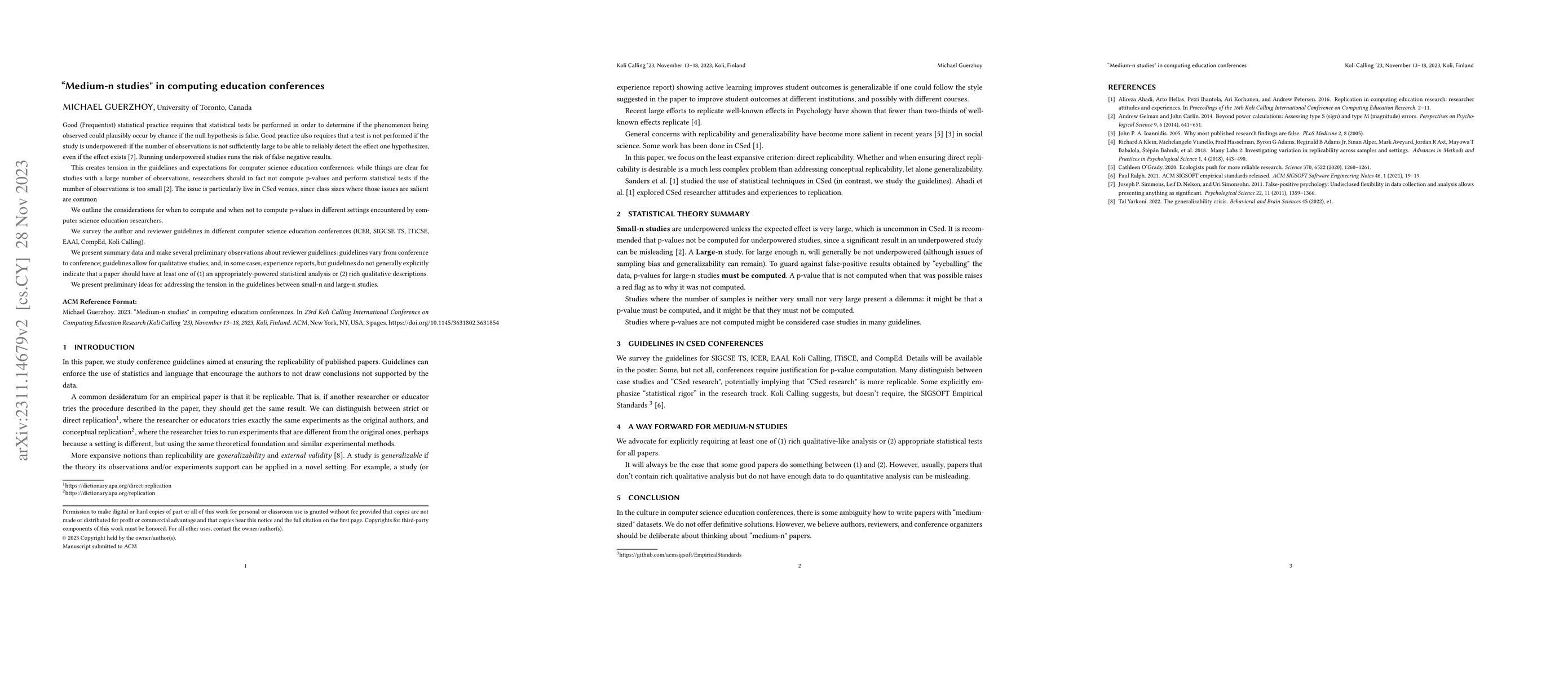 Thumbnail for "Medium-n studies" in computing education conferences