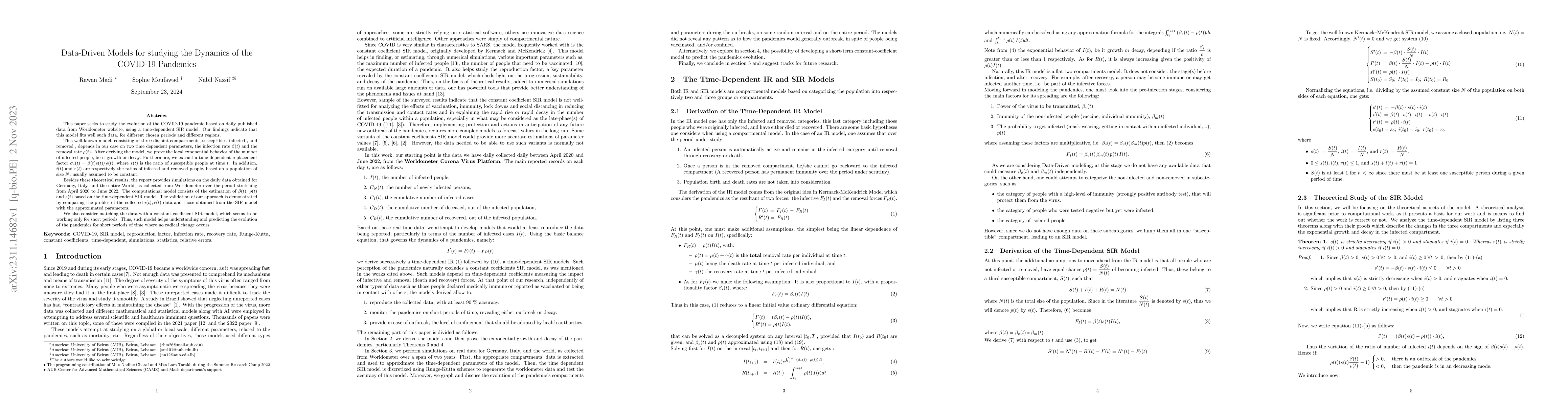 Thumbnail for Data-Driven Models for studying the Dynamics of the COVID-19 Pandemics