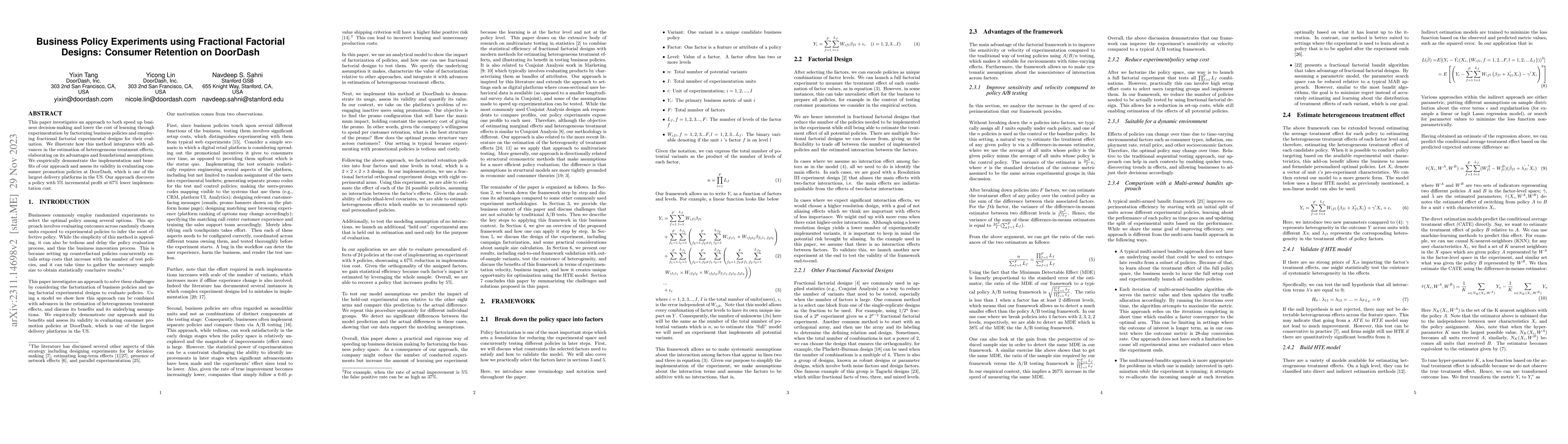 Thumbnail for Business Policy Experiments using Fractional Factorial Designs: Consumer
  Retention on DoorDash