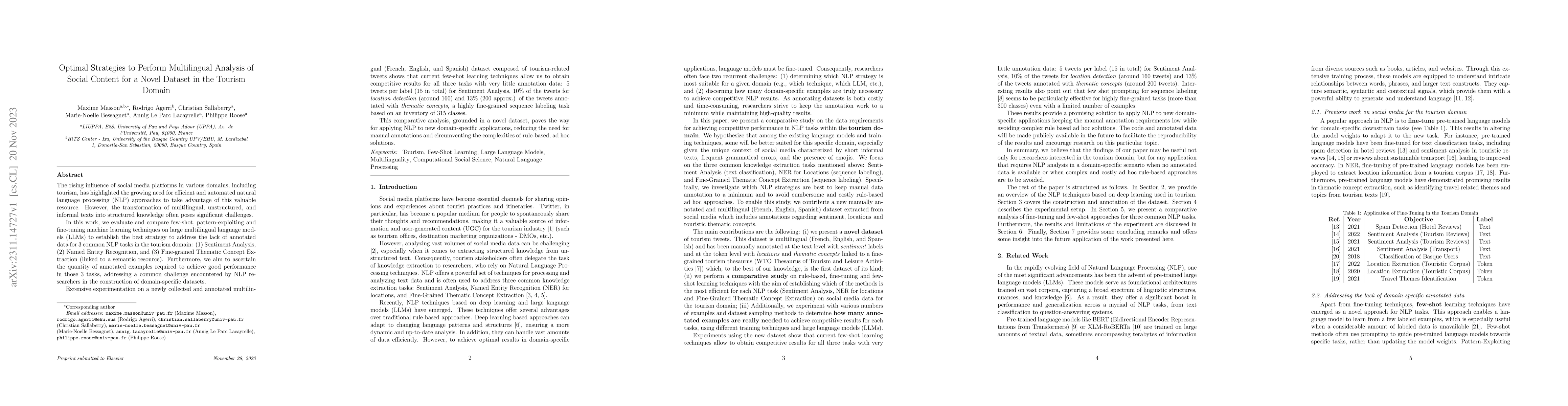 Thumbnail for Optimal Strategies to Perform Multilingual Analysis of Social Content
  for a Novel Dataset in the Tourism Domain