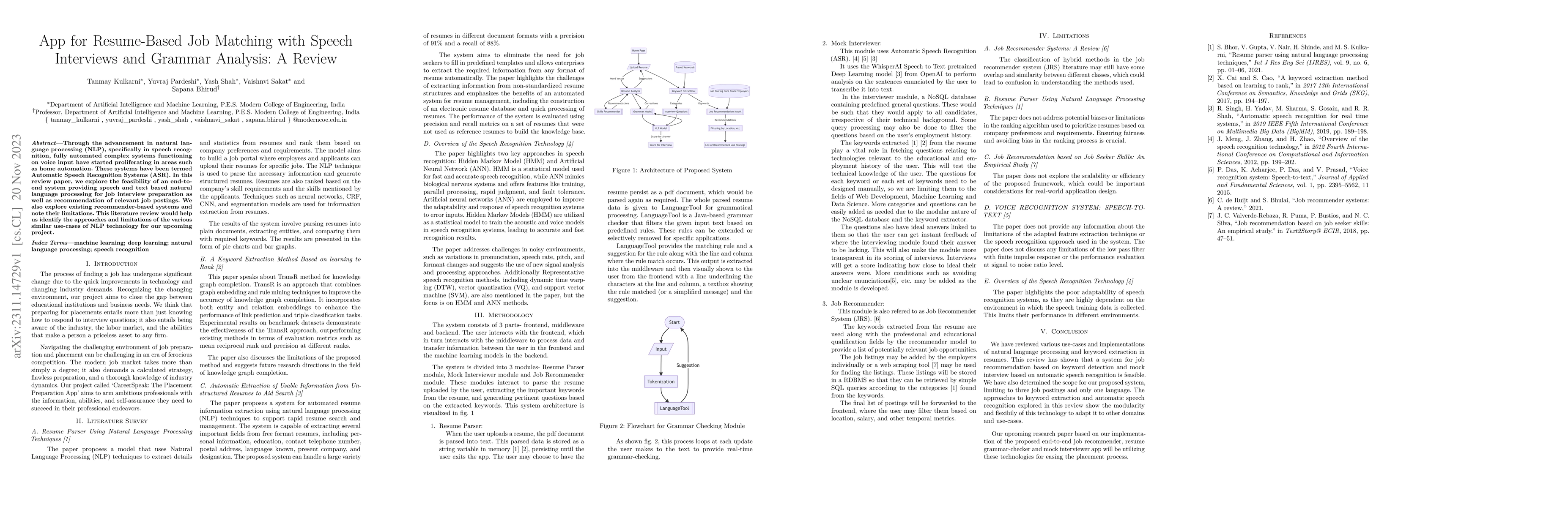 Thumbnail for App for Resume-Based Job Matching with Speech Interviews and Grammar
  Analysis: A Review