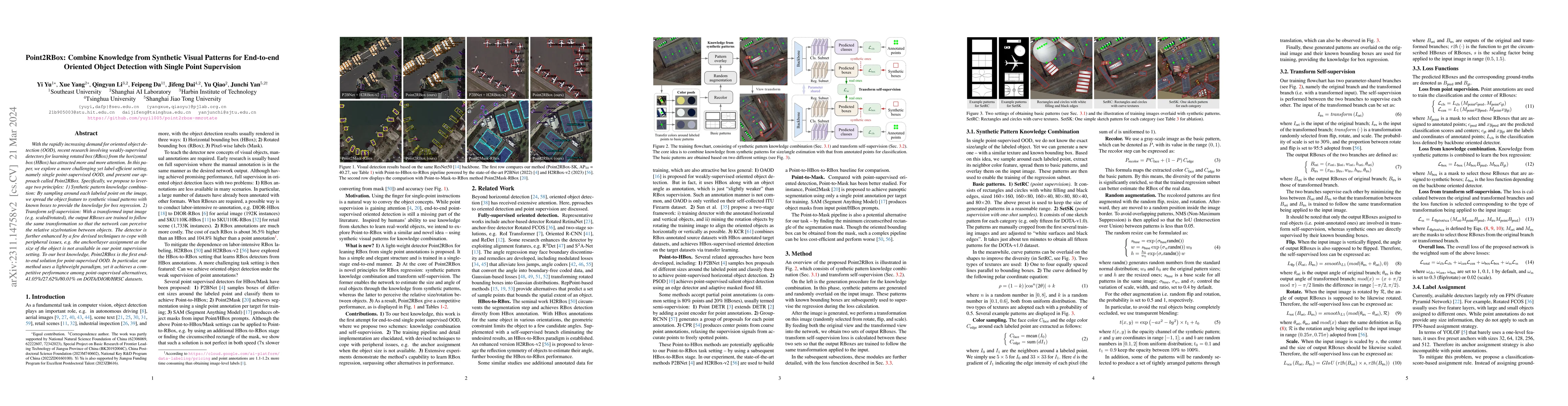 Thumbnail for Point2RBox: Combine Knowledge from Synthetic Visual Patterns for
  End-to-end Oriented Object Detection with Single Point Supervision