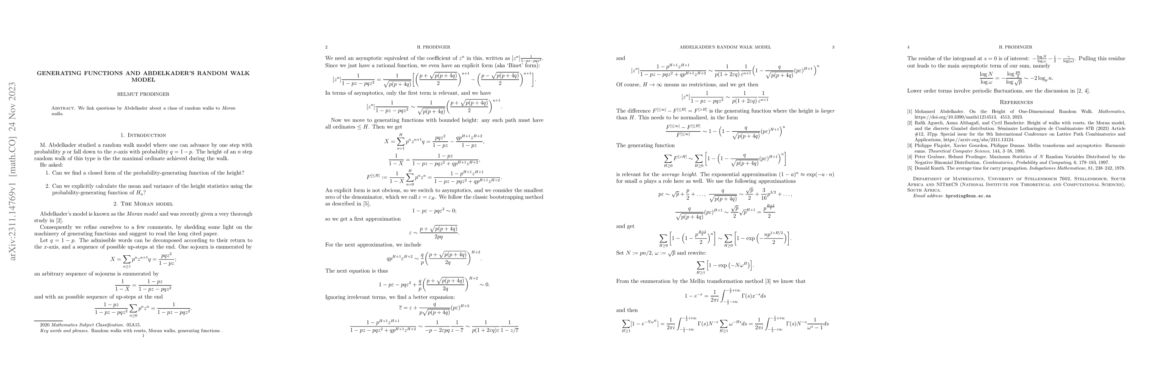 Thumbnail for Generating functions and Abdelkader's random walk model