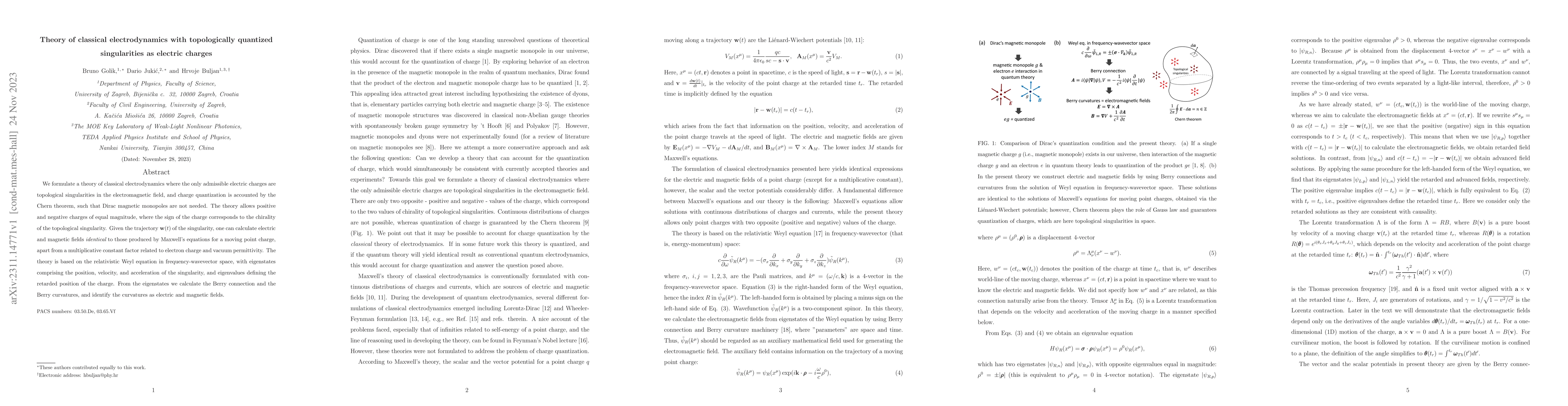 Thumbnail for Theory of classical electrodynamics with topologically quantized
  singularities as electric charges