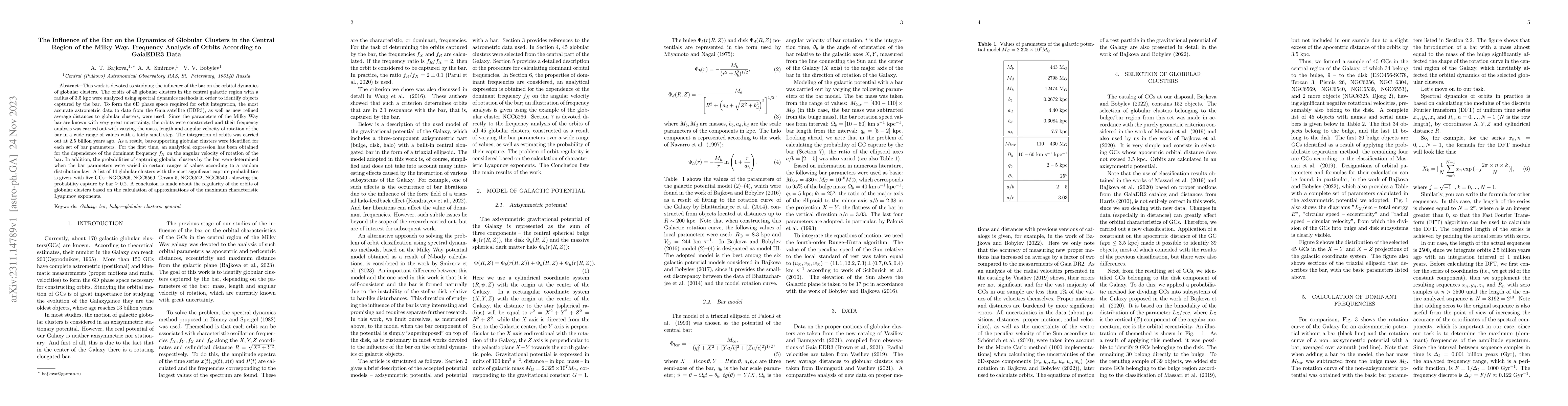 Thumbnail for The Influence of the Bar on the Dynamics of Globular Clusters in the
  Central Region of the Milky Way. Frequency Analysis of Orbits According to
  Gaia EDR3 Data