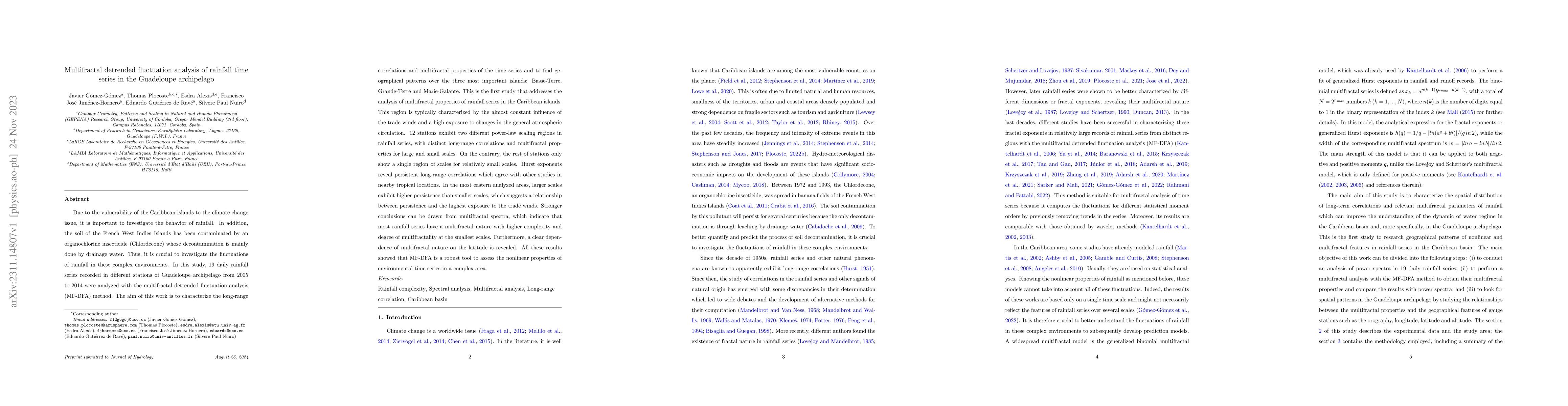 Thumbnail for Multifractal detrended fluctuation analysis of rainfall time series in
  the Guadeloupe archipelago