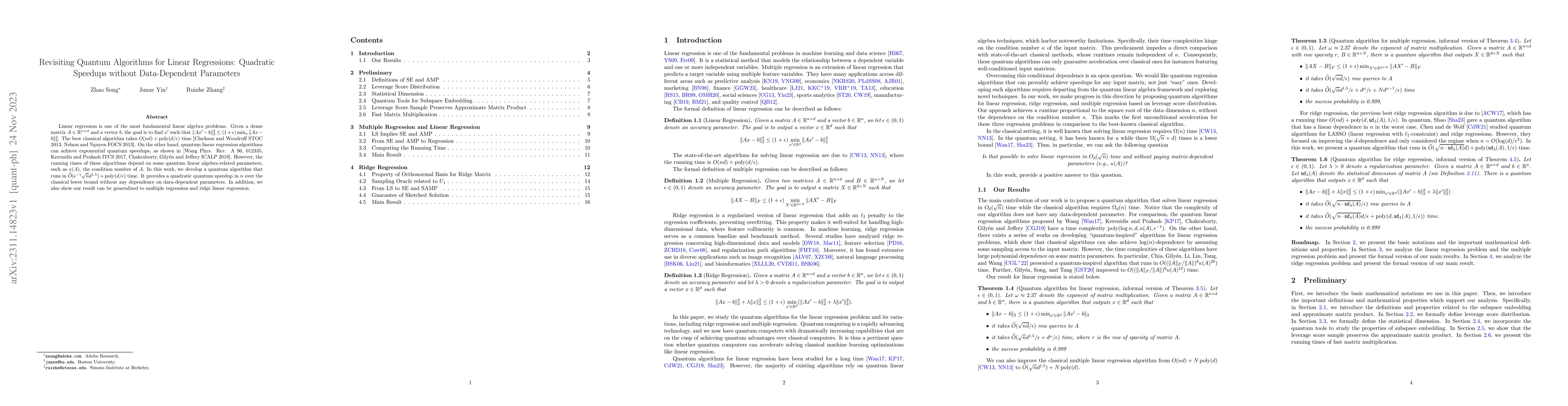 Thumbnail for Revisiting Quantum Algorithms for Linear Regressions: Quadratic Speedups
  without Data-Dependent Parameters
