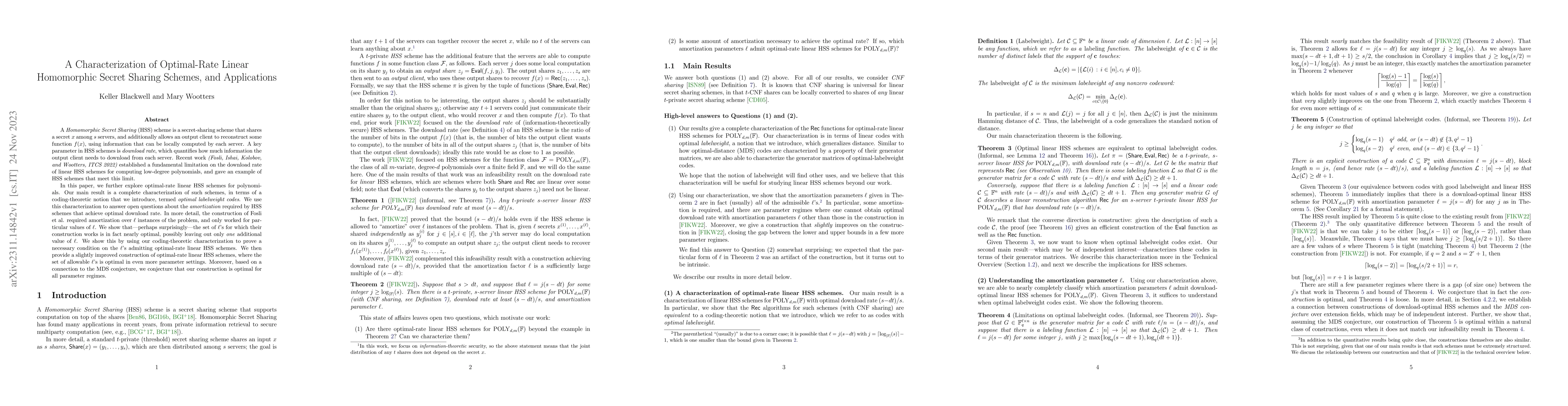 Thumbnail for A Characterization of Optimal-Rate Linear Homomorphic Secret Sharing
  Schemes, and Applications