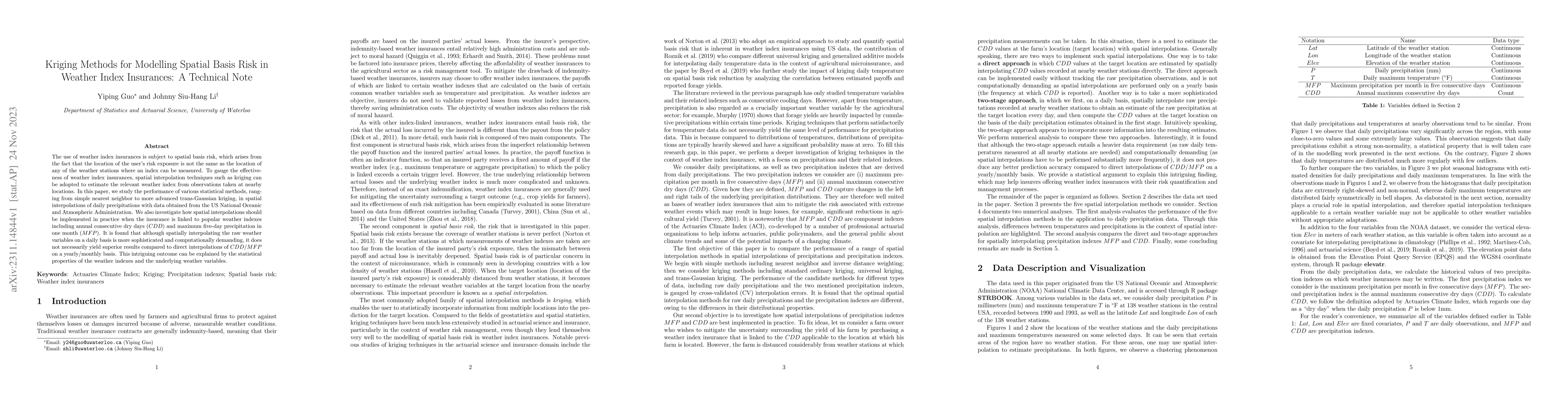Thumbnail for Kriging Methods for Modelling Spatial Basis Risk in Weather Index
  Insurances: A Technical Note