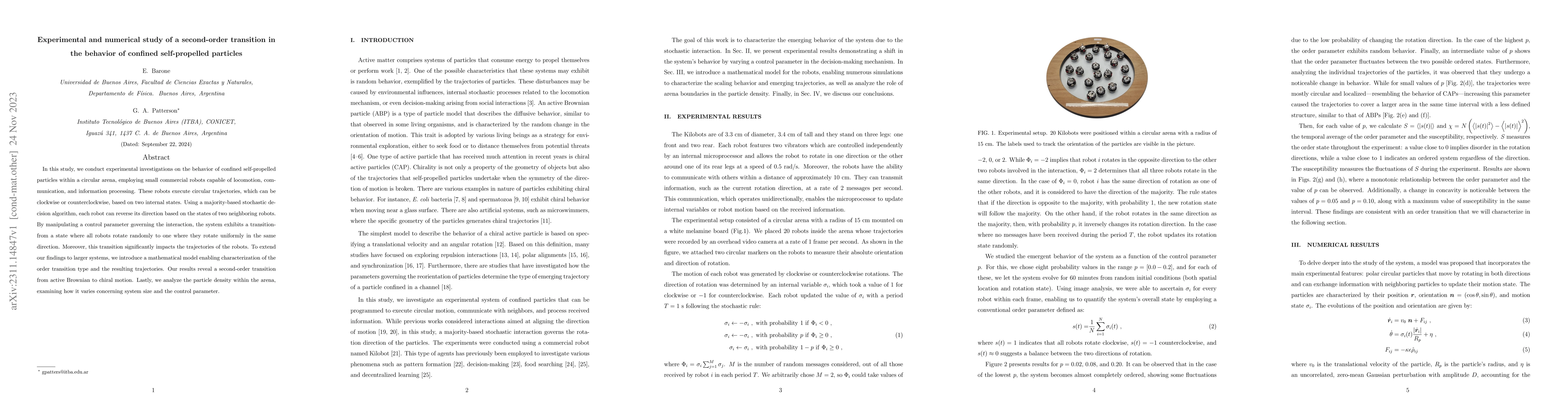 Thumbnail for Experimental and numerical study of a second-order transition in the
  behavior of confined self-propelled particles