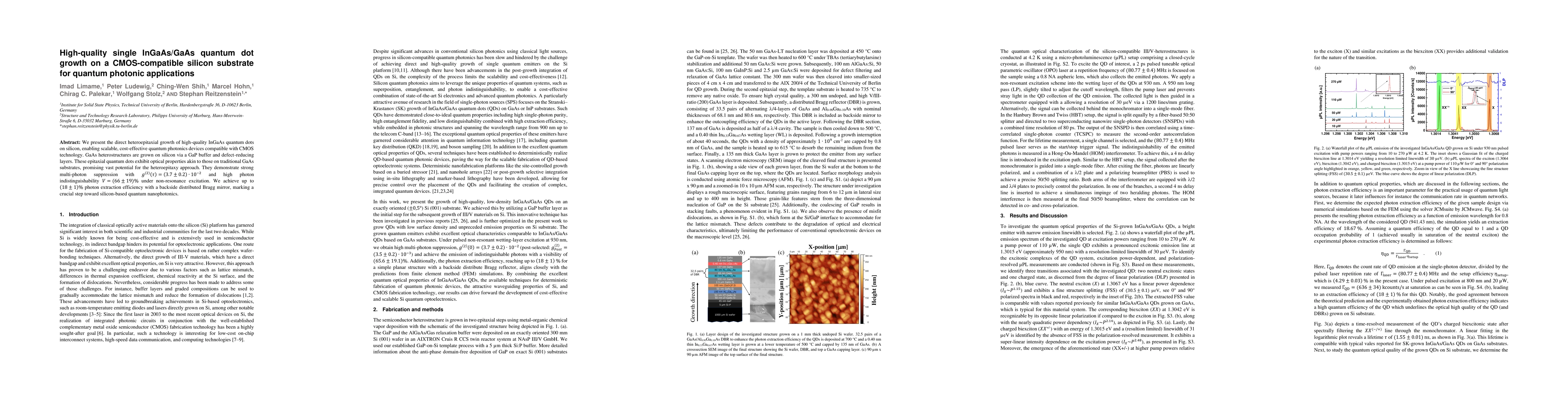 Thumbnail for High-quality single InGaAs/GaAs quantum dot growth on a CMOS-compatible
  silicon substrate for quantum photonic applications