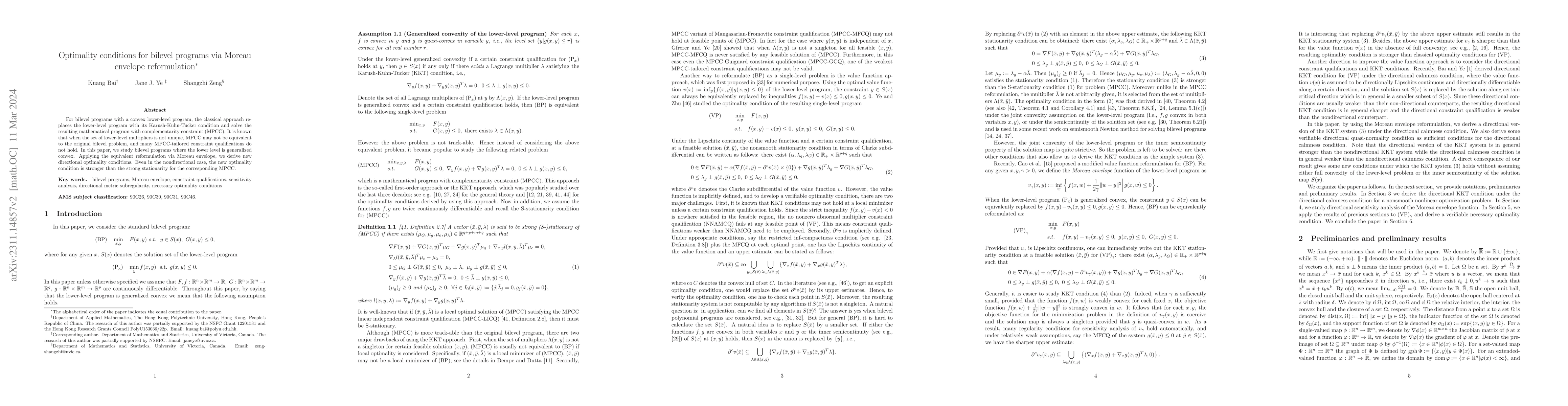 Thumbnail for Optimality conditions for bilevel programs via Moreau envelope
  reformulation