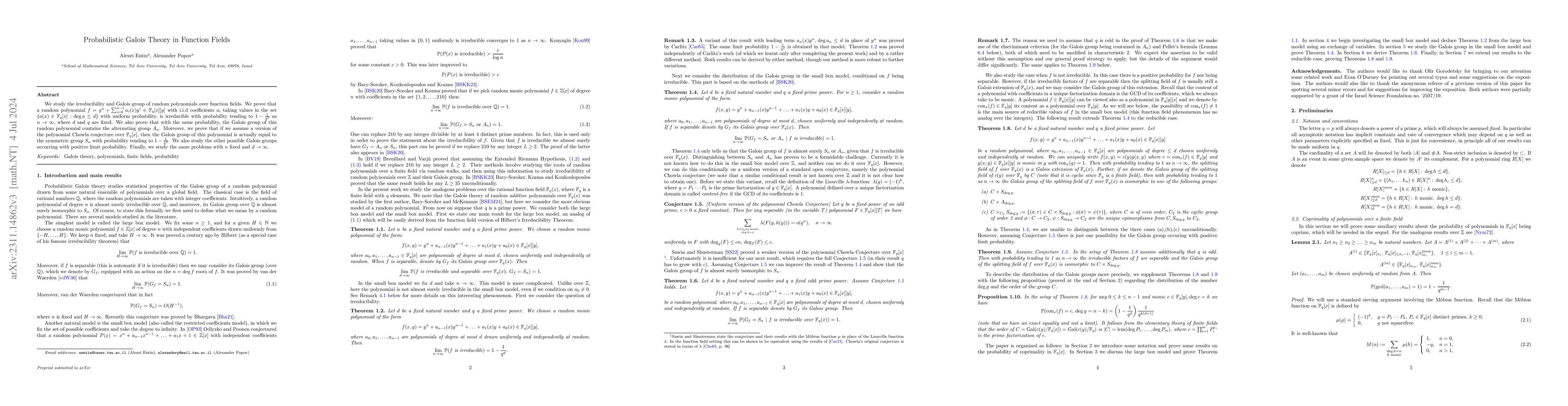 Thumbnail for Probabilistic Galois Theory in Function Fields