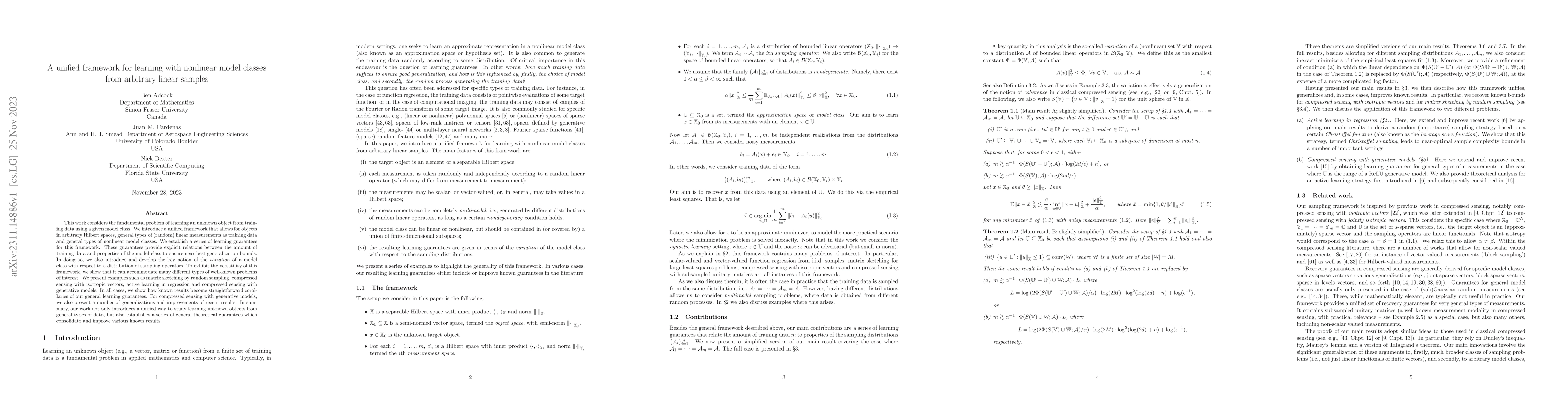 Thumbnail for A unified framework for learning with nonlinear model classes from
  arbitrary linear samples