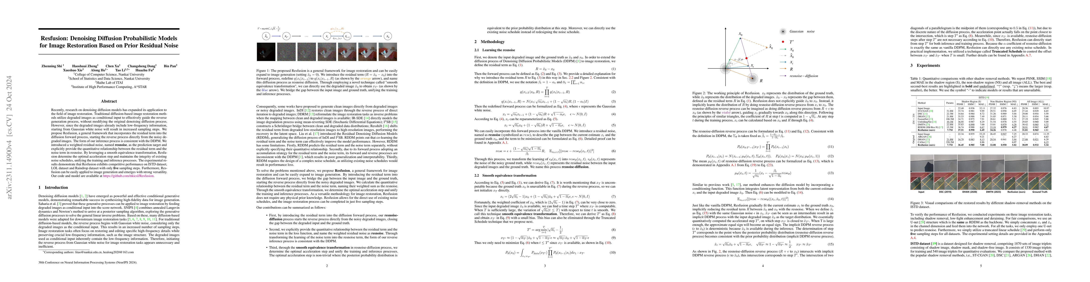 Thumbnail for Resfusion: Denoising Diffusion Probabilistic Models for Image
  Restoration Based on Prior Residual Noise