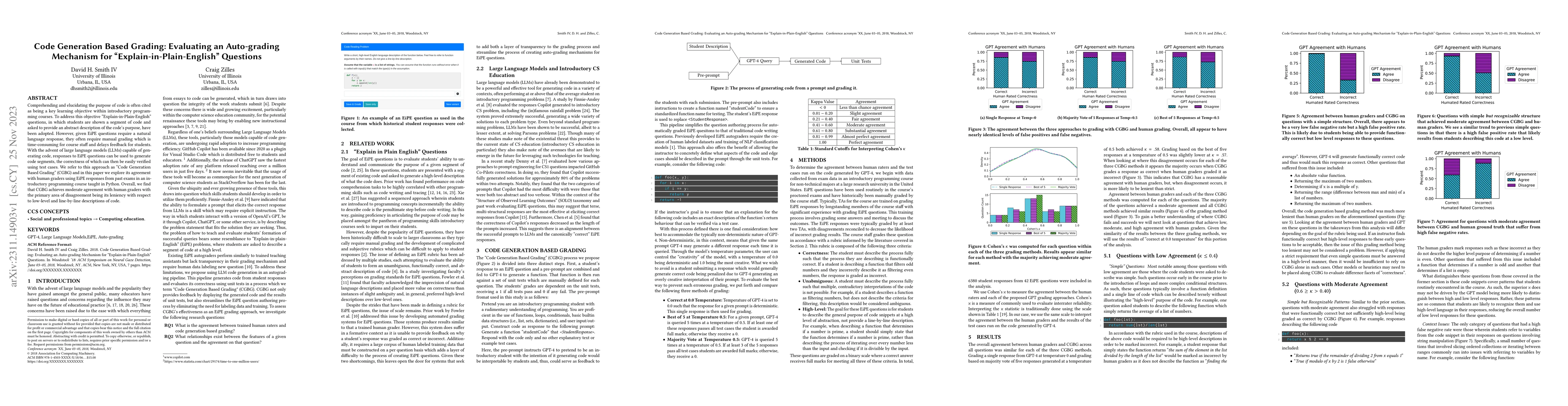 Thumbnail for Code Generation Based Grading: Evaluating an Auto-grading Mechanism for
  "Explain-in-Plain-English" Questions