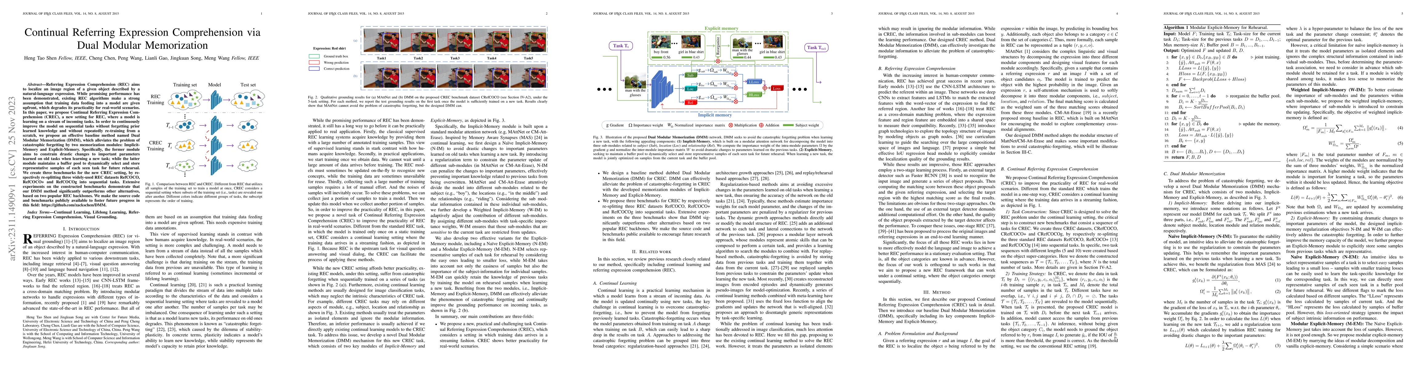 Thumbnail for Continual Referring Expression Comprehension via Dual Modular
  Memorization