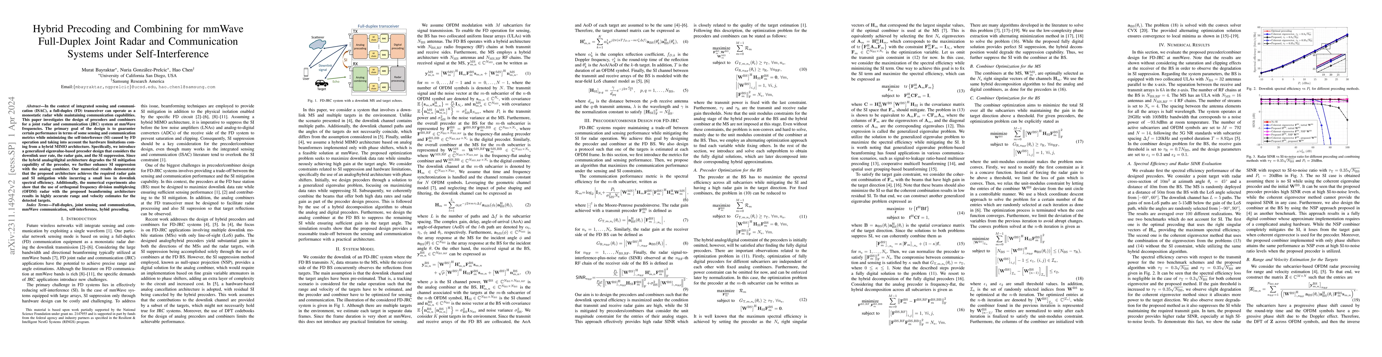 Thumbnail for Hybrid Precoding and Combining for mmWave Full-Duplex Joint Radar and
  Communication Systems under Self-Interference