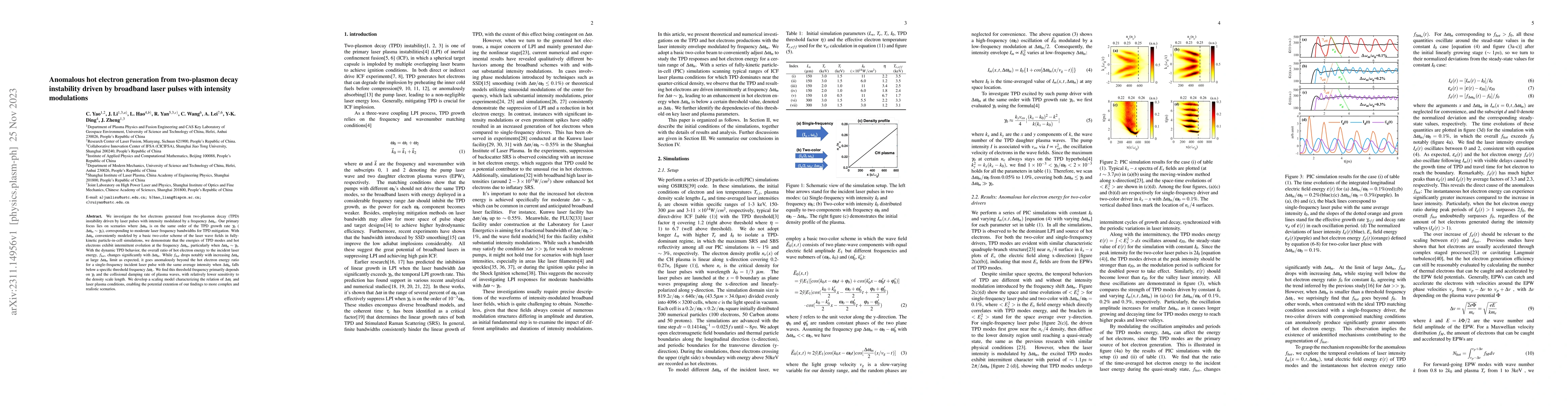 Thumbnail for Anomalous hot electron generation from two-plasmon decay instability
  driven by broadband laser pulses with intensity modulations