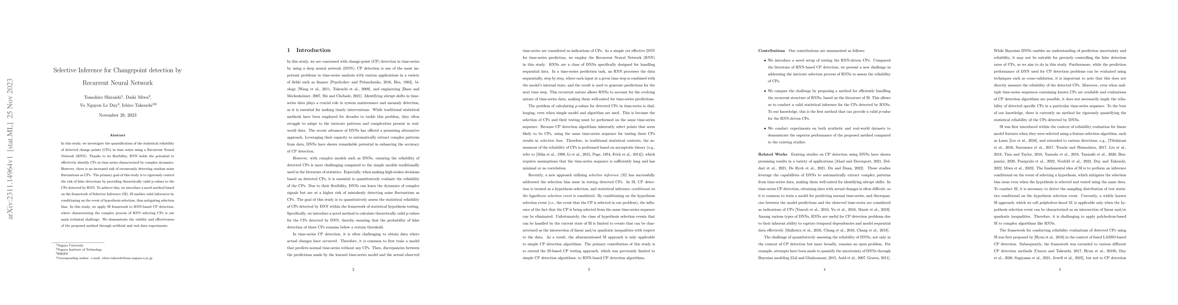 Thumbnail for Selective Inference for Changepoint detection by Recurrent Neural
  Network