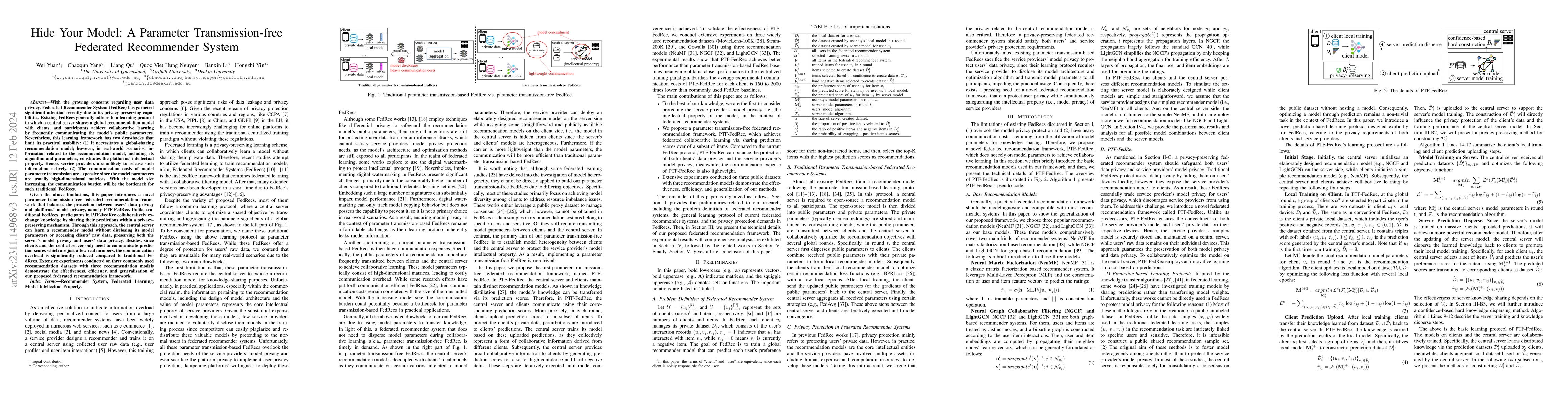 Thumbnail for Hide Your Model: A Parameter Transmission-free Federated Recommender
  System