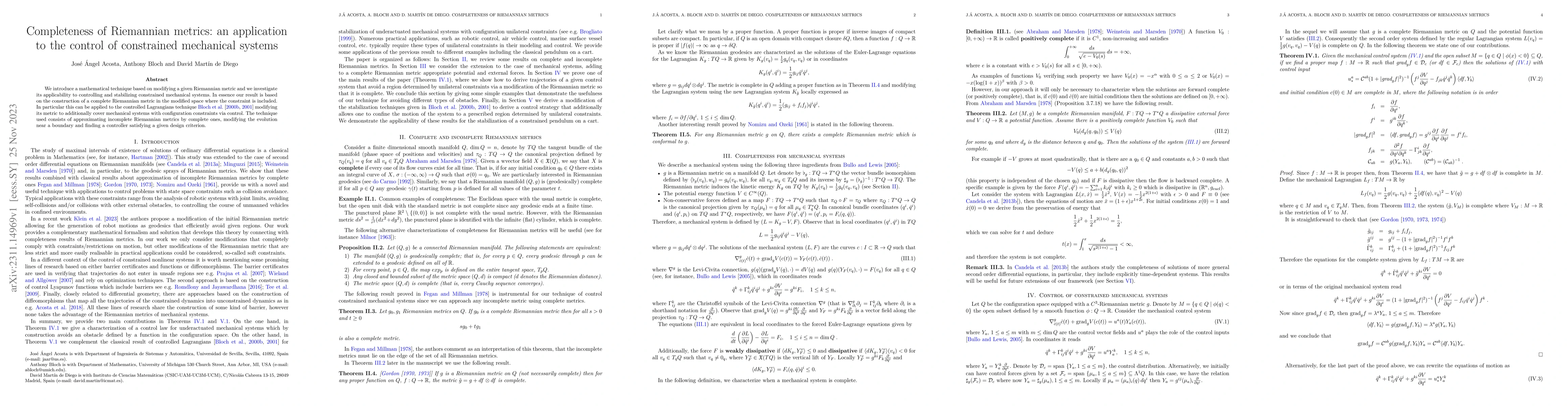 Thumbnail for Completeness of Riemannian metrics: an application to the control of
  constrained mechanical systems
