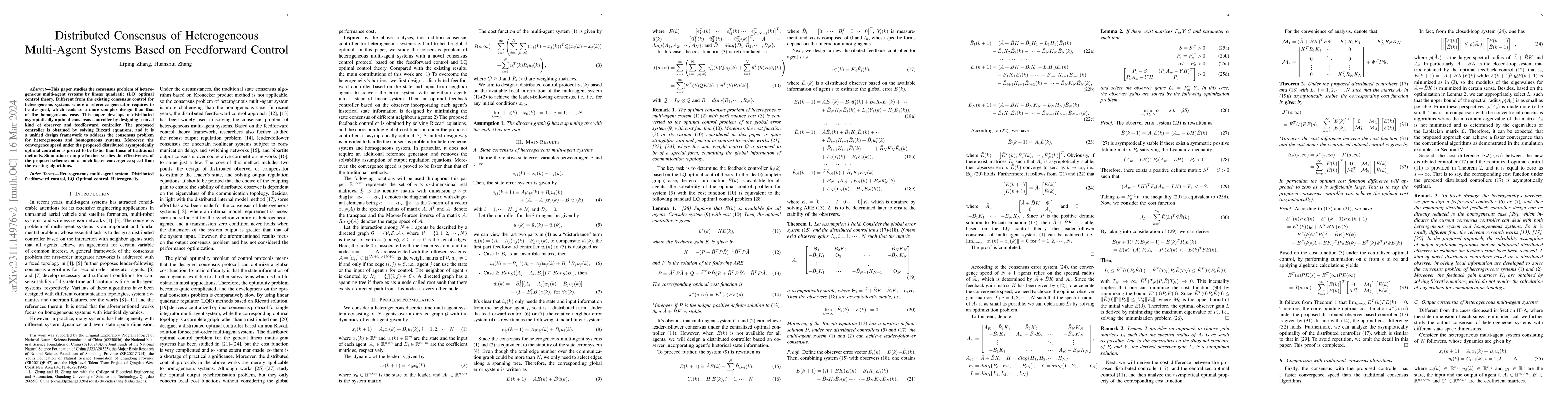 Thumbnail for Distributed Consensus of Heterogeneous Multi-Agent Systems Based on
  Feedforward Control