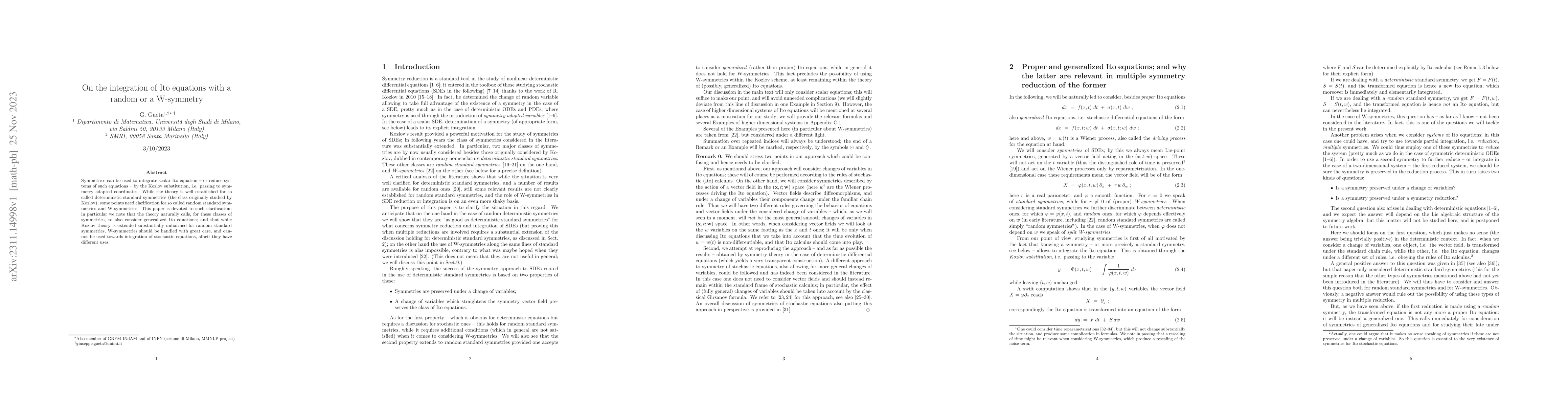 Thumbnail for On the integration of Ito equations with a random or a W-symmetry