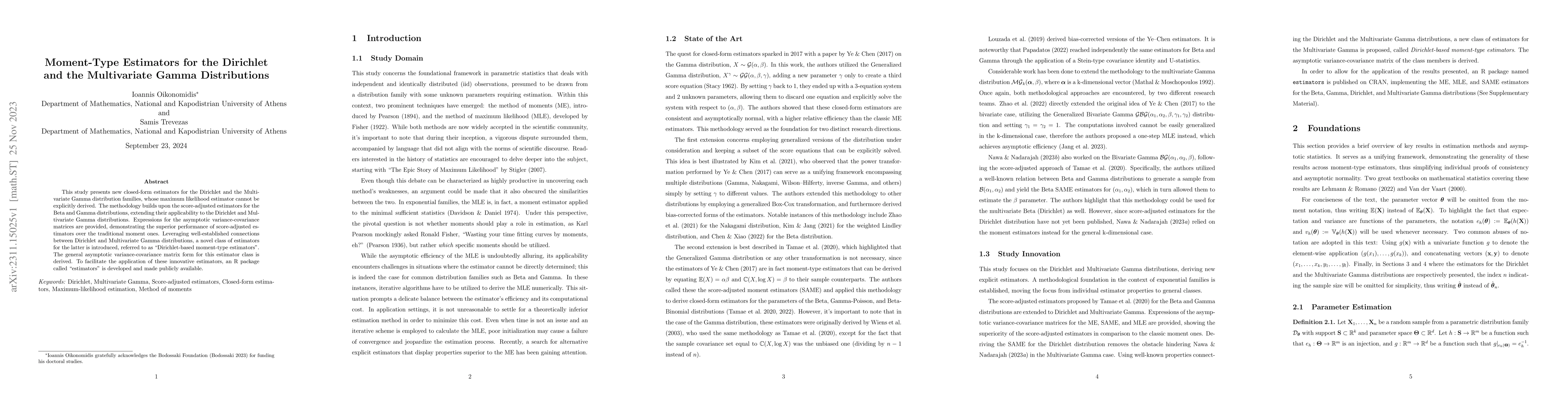Thumbnail for Moment-Type Estimators for the Dirichlet and the Multivariate Gamma
  Distributions