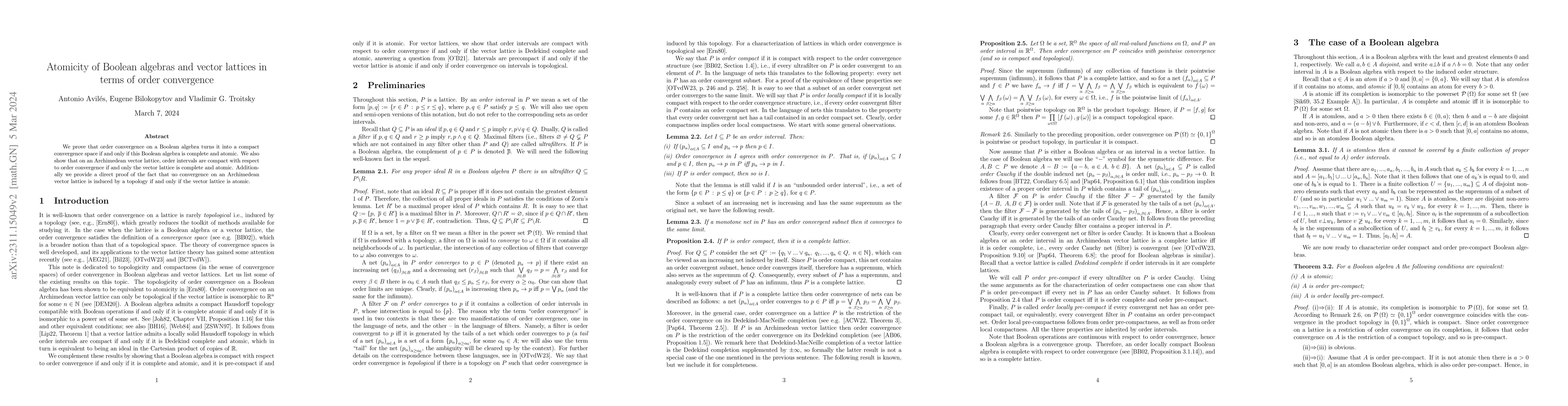 Thumbnail for Atomicity of Boolean algebras and vector lattices in terms of order
  convergence