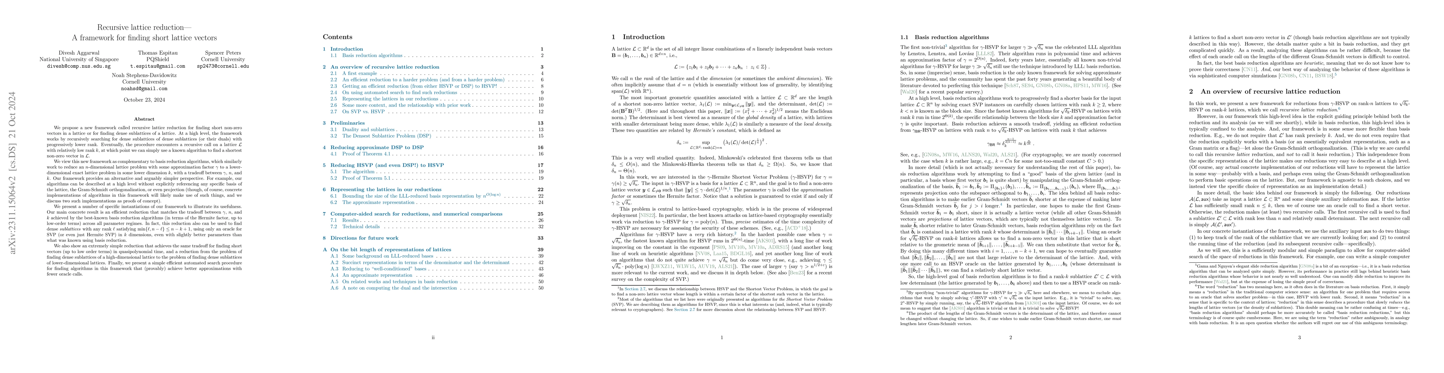 Thumbnail for Recursive lattice reduction -- A framework for finding short lattice
  vectors