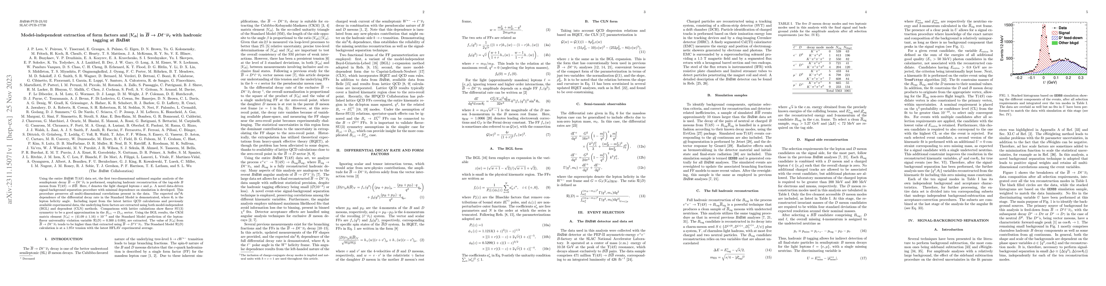 Thumbnail for Model-independent extraction of form factors and $|V_{cb}|$ in
  $\overline{B} \rightarrow D \ell^- \overline{\nu}_\ell$ with hadronic tagging
  at BaBar