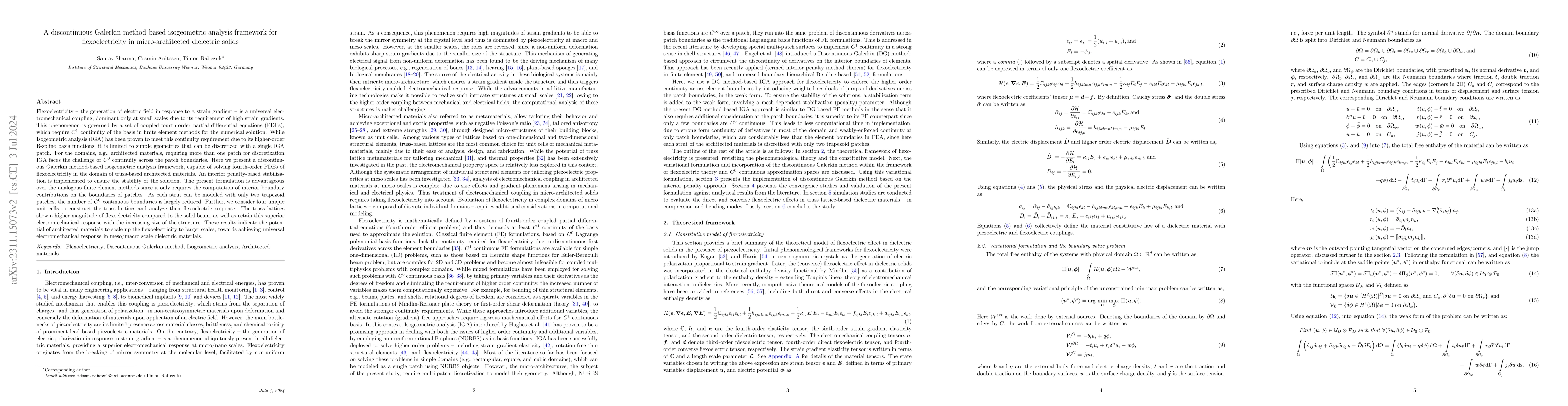 Thumbnail for A discontinuous Galerkin method based isogeometric analysis framework
  for flexoelectricity in micro-architected dielectric solids