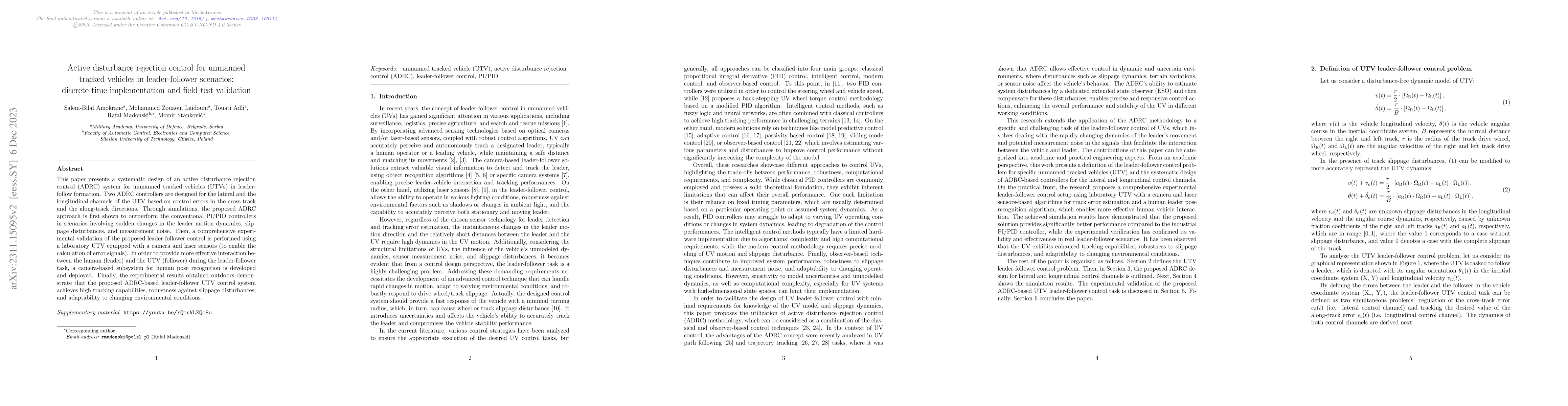 Thumbnail for Active disturbance rejection control for unmanned tracked vehicles in
  leader-follower scenarios: discrete-time implementation and field test
  validation