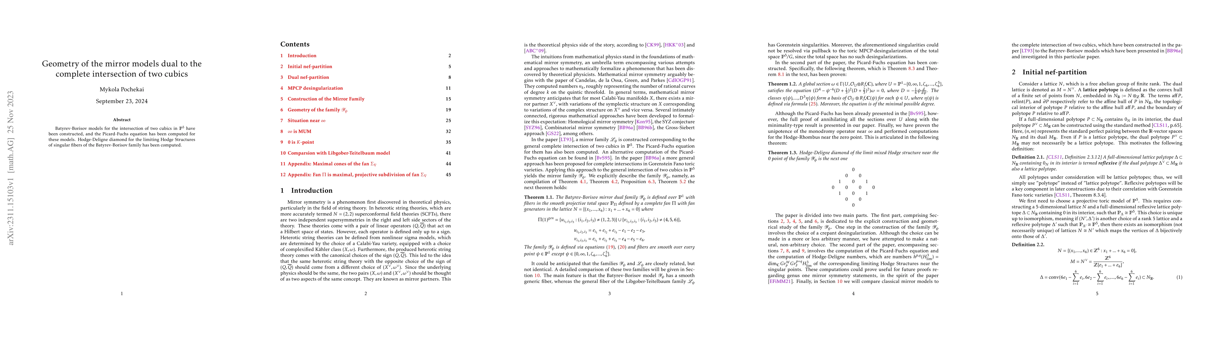 Thumbnail for Geometry of the mirror models dual to the complete intersection of two
  cubics