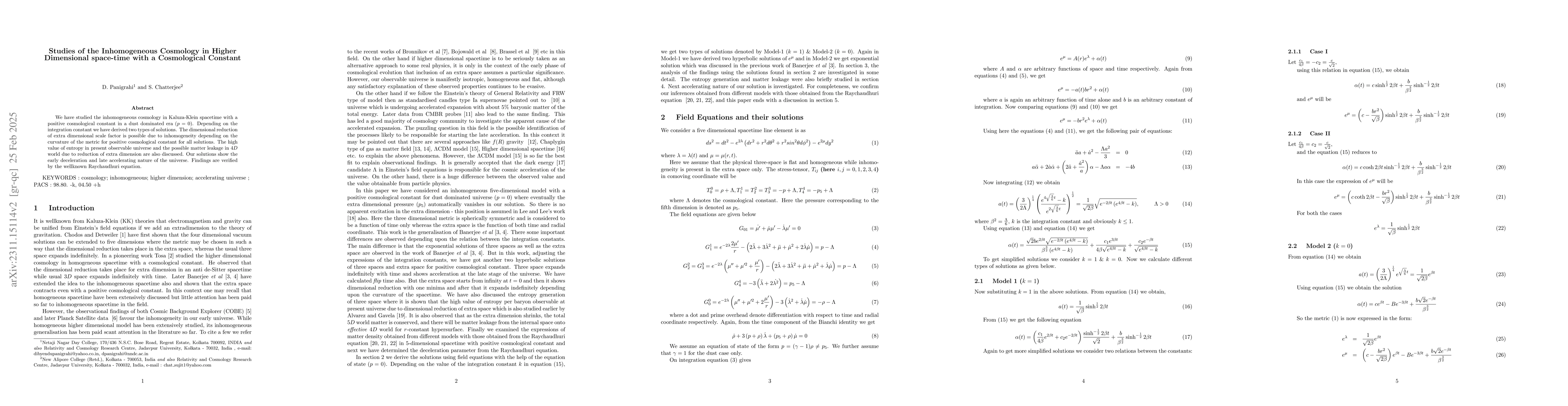 Thumbnail for Studies of the Inhomogeneous Cosmology in Higher Dimensional space-time
  with a Cosmological Constant