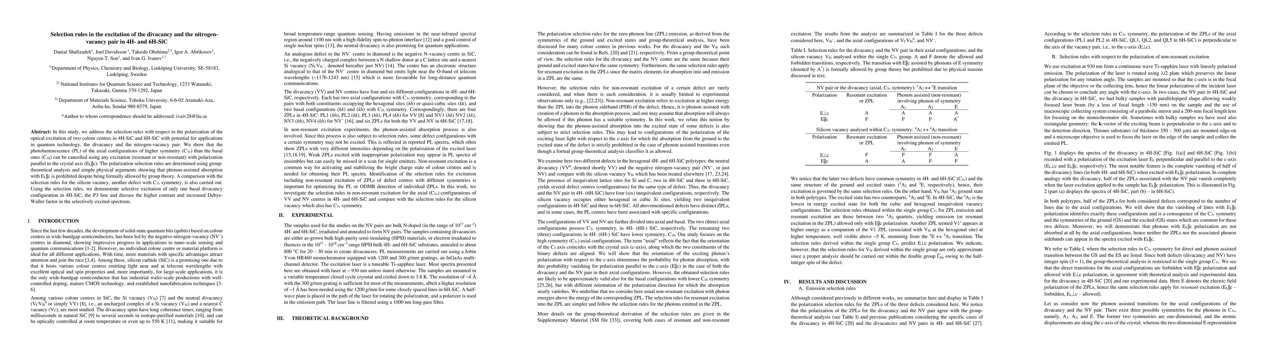 Thumbnail for Selection rules in the excitation of the divacancy and the
  nitrogen-vacancy pair in 4H- and 6H-SiC