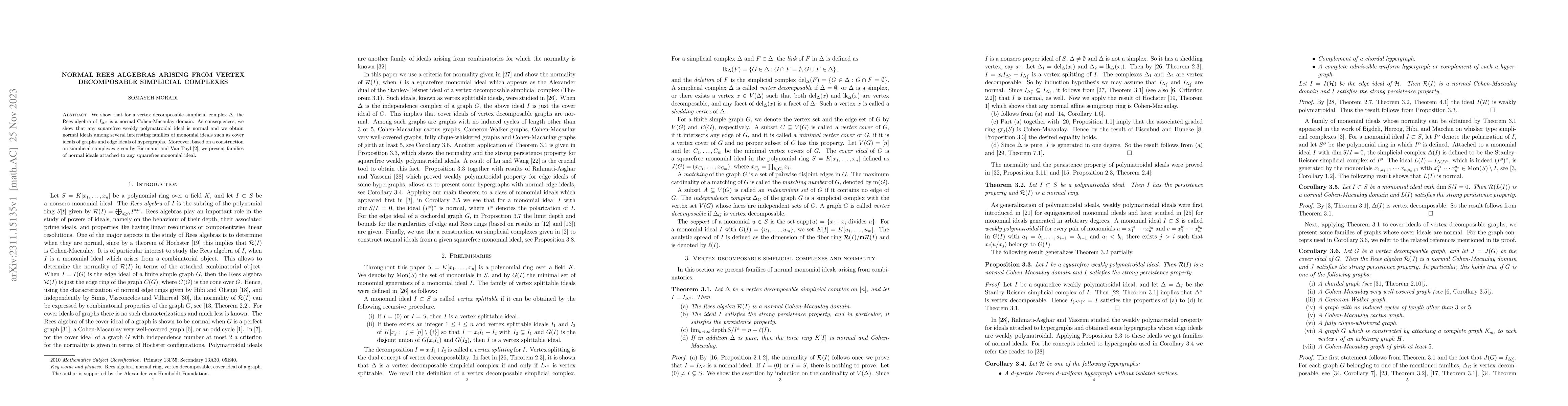 Thumbnail for Normal Rees algebras arising from vertex decomposable simplicial
  complexes