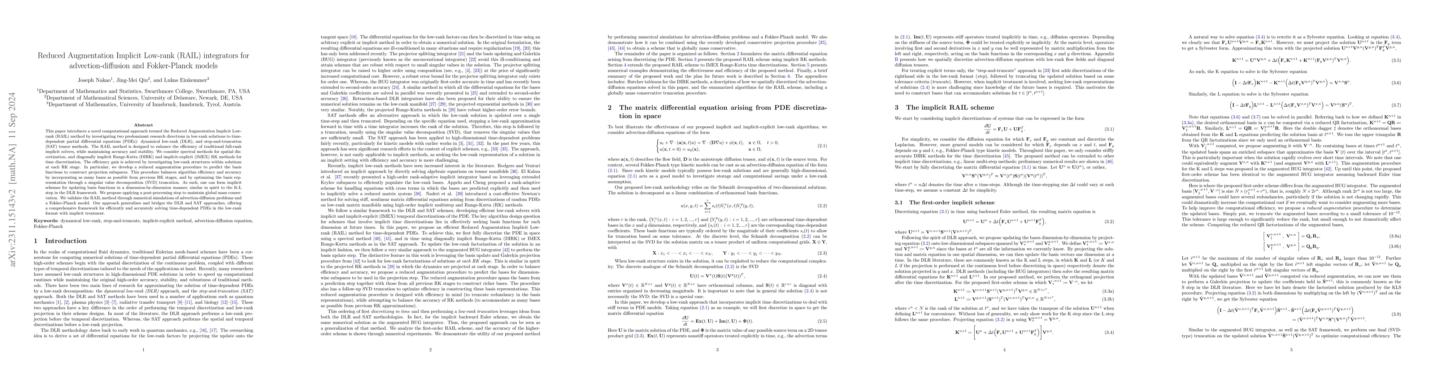 Thumbnail for Reduced Augmentation Implicit Low-rank (RAIL) integrators for
  advection-diffusion and Fokker-Planck models