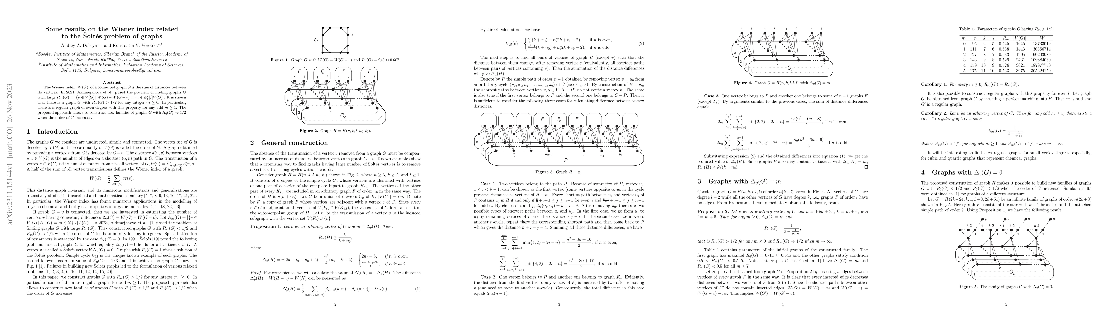 Thumbnail for Some results on the Wiener index related to the \v{S}olt\'{e}s problem
  of graphs