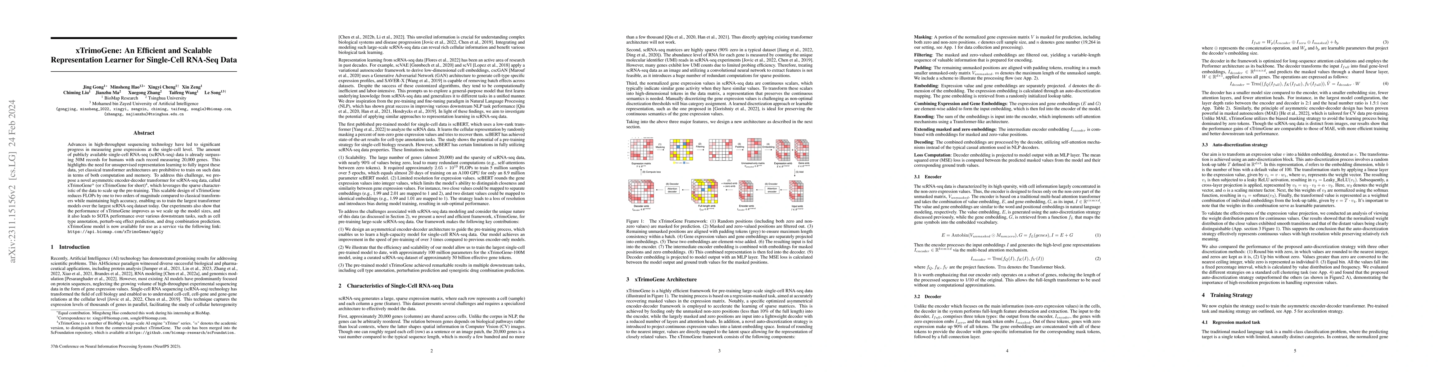 Thumbnail for xTrimoGene: An Efficient and Scalable Representation Learner for
  Single-Cell RNA-Seq Data
