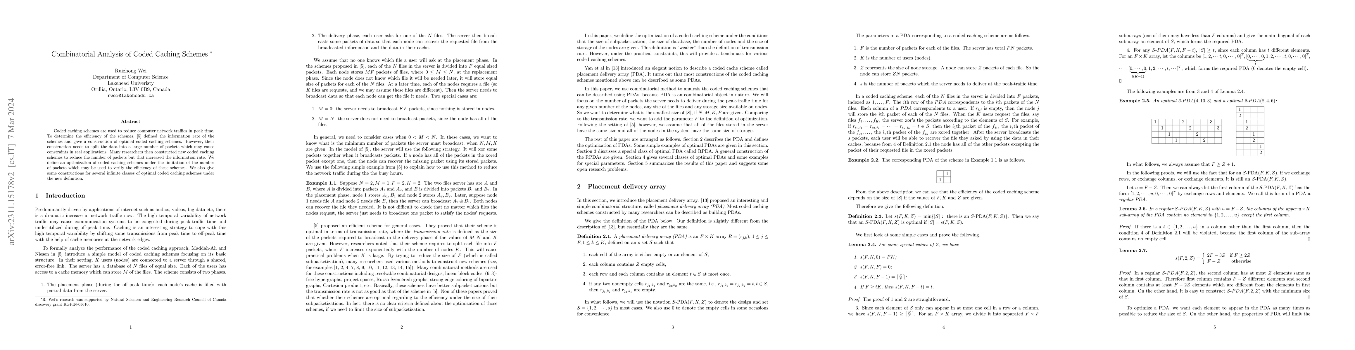 Thumbnail for Combinatorial Analysis of Coded Caching Schemes