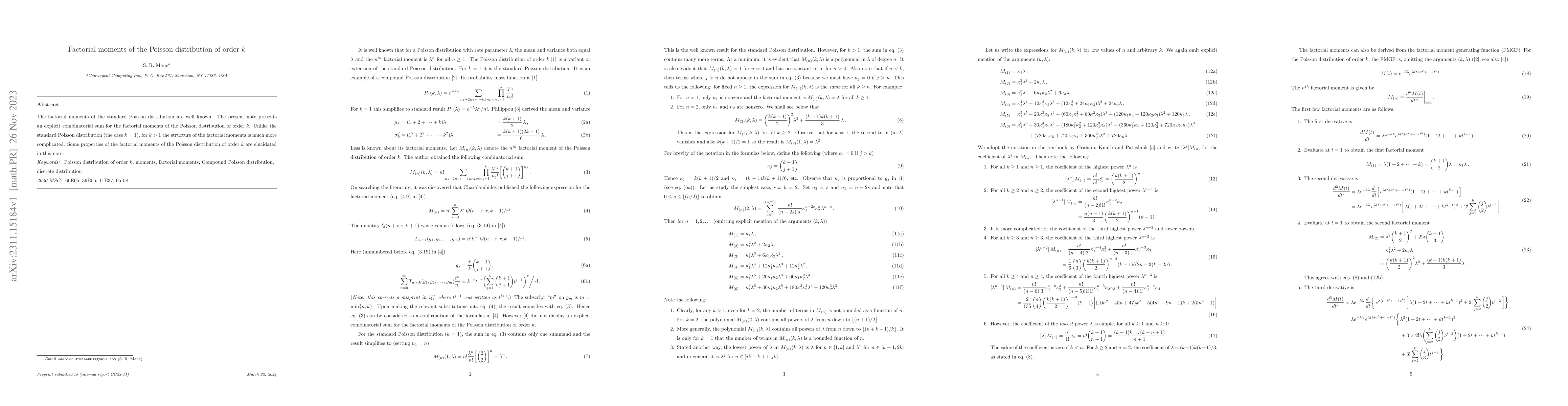 Thumbnail for Factorial moments of the Poisson distribution of order $k$