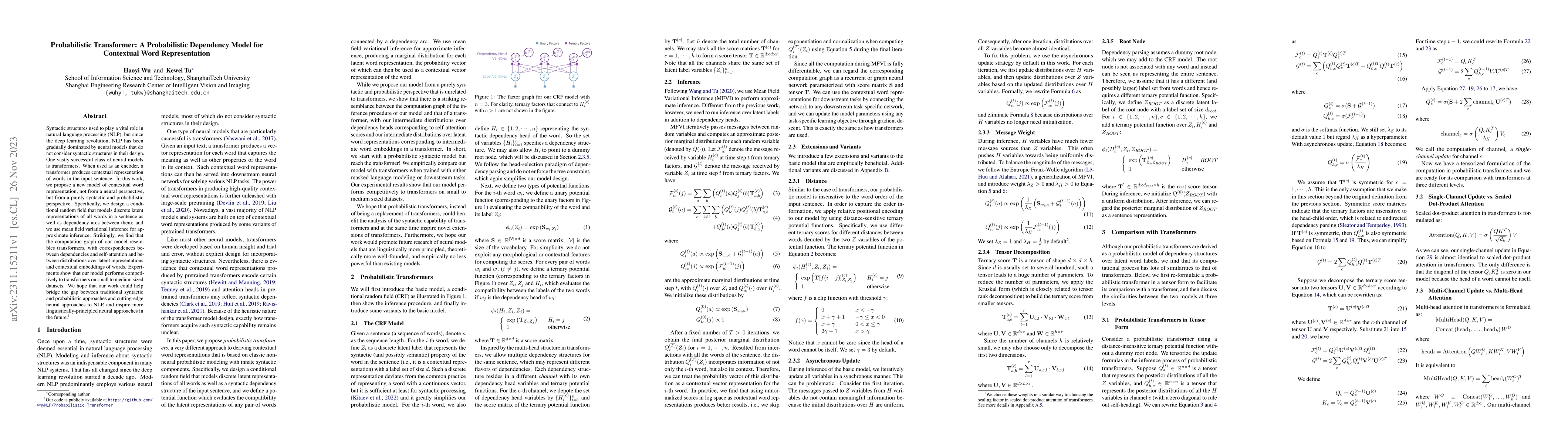 Thumbnail for Probabilistic Transformer: A Probabilistic Dependency Model for
  Contextual Word Representation