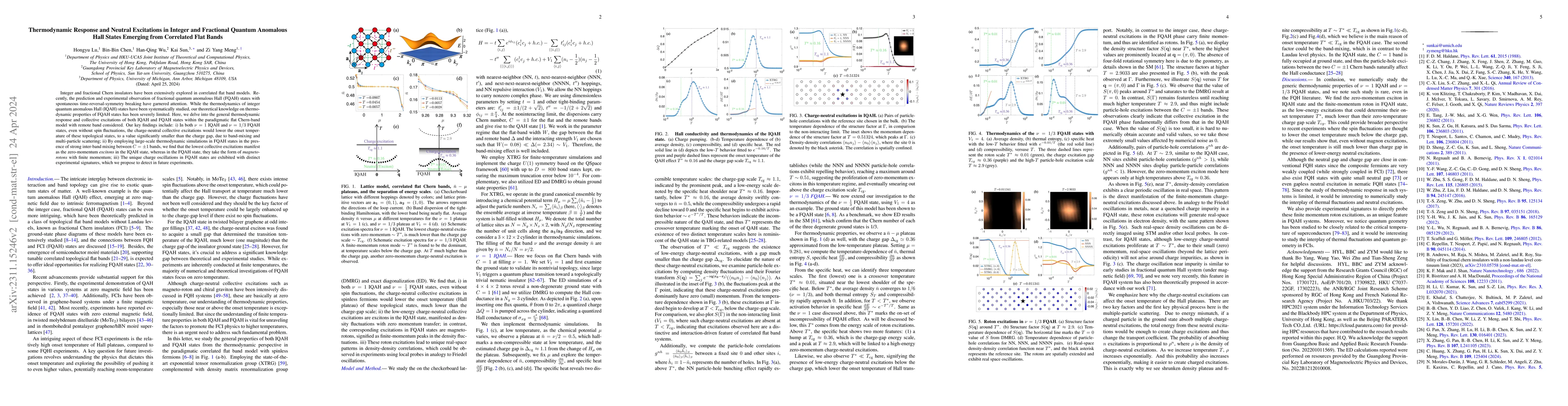 Thumbnail for Thermodynamic Response and Neutral Excitations in Integer and Fractional
  Quantum Anomalous Hall States Emerging from Correlated Flat Bands