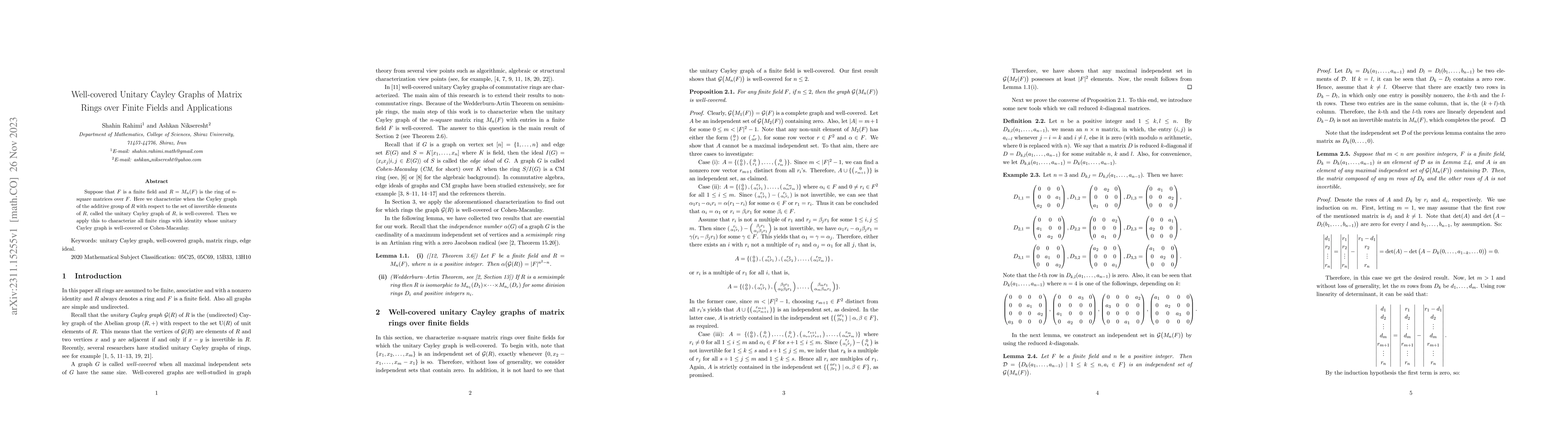 Thumbnail for Well-covered Unitary Cayley Graphs of Matrix Rings over Finite Fields
  and Applications