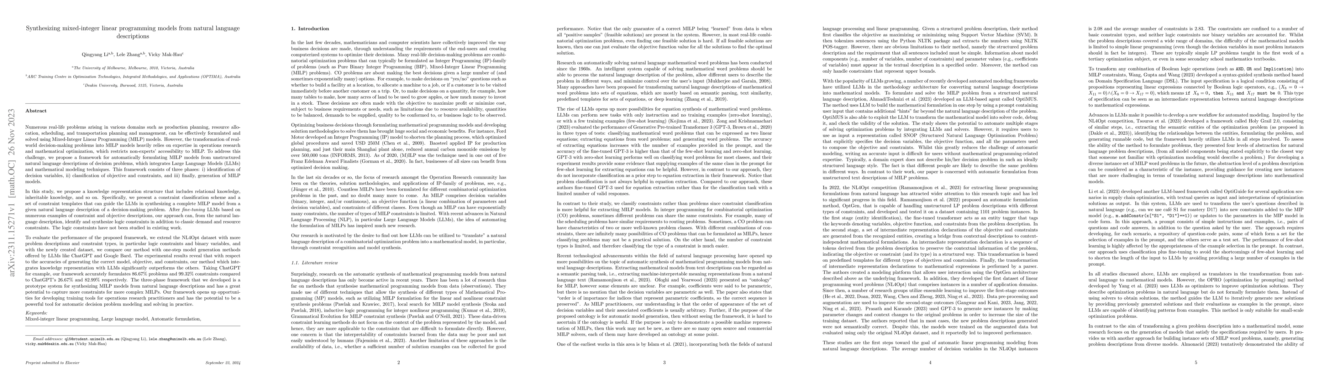 Thumbnail for Synthesizing mixed-integer linear programming models from natural
  language descriptions